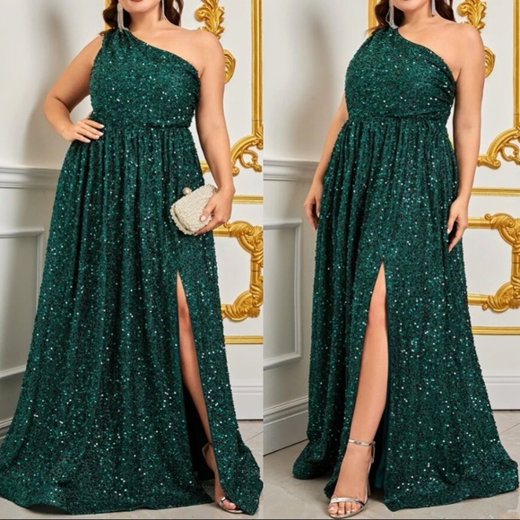 Dresses & Skirts - Luxe plus size one shoulder slit thigh party formal prom wedding gown dress